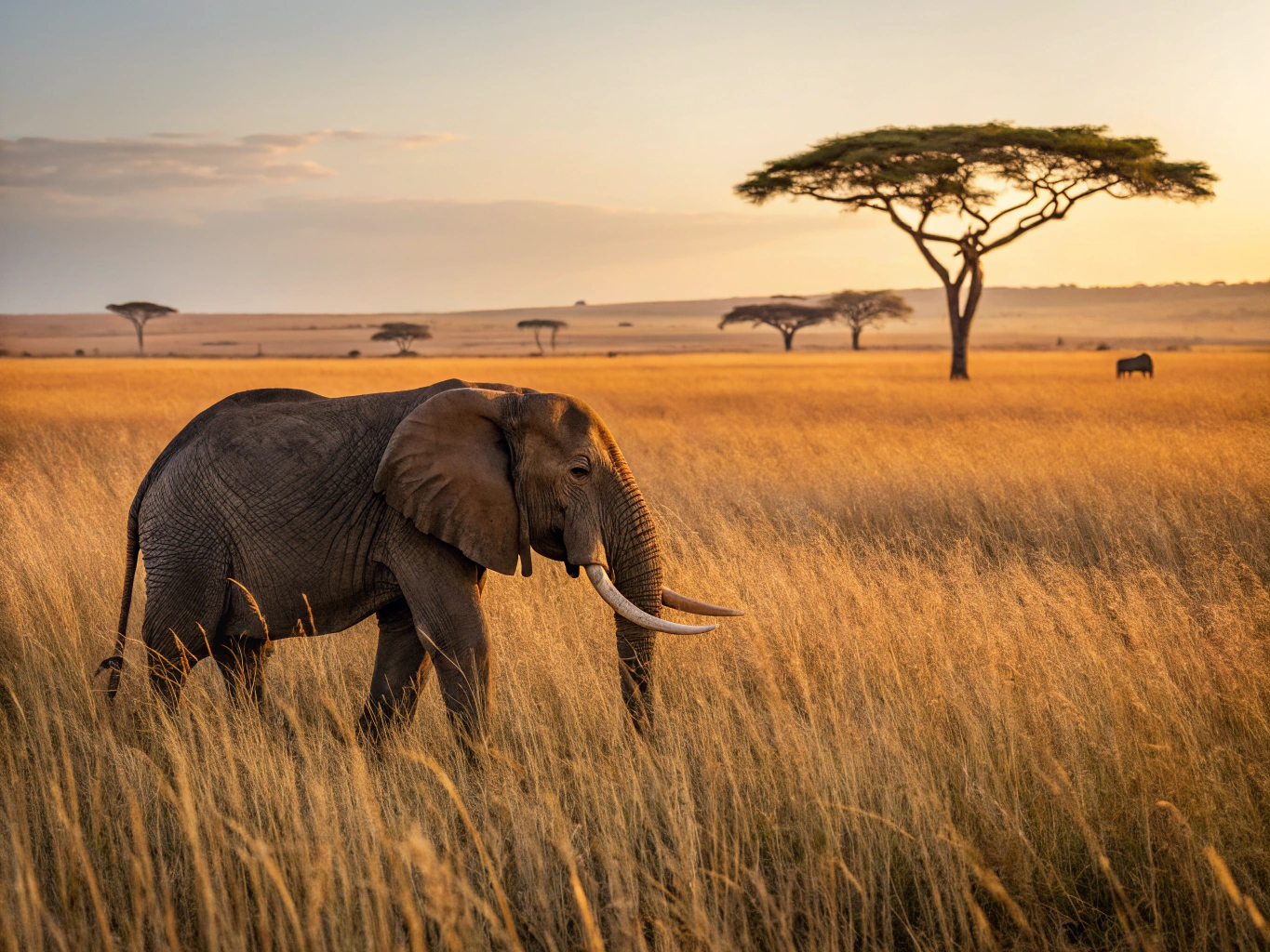 Elephant grazing at sunset